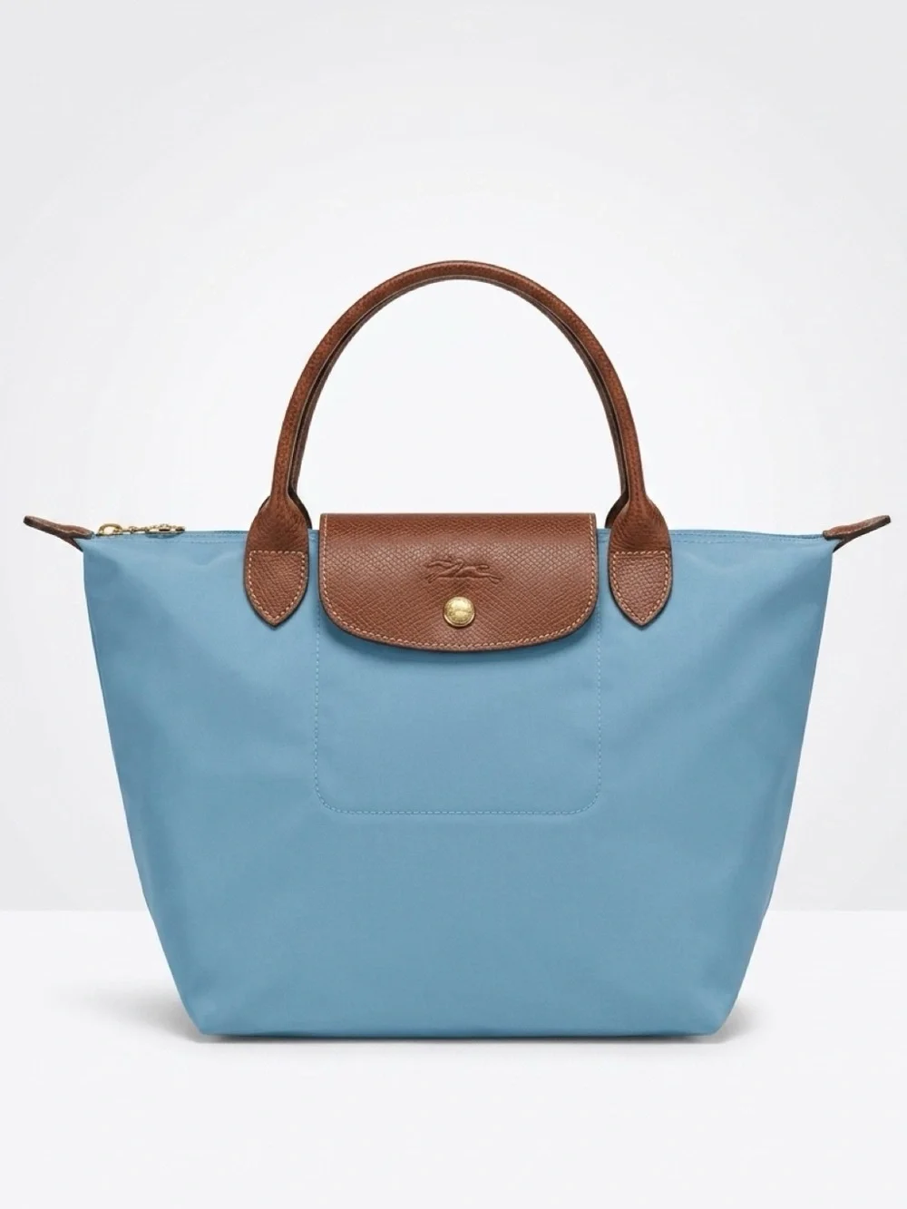 Longchamp Le Pliage Top-Handle Tote in Light Blue w Brown leather, GUC - Picture 1 of 16